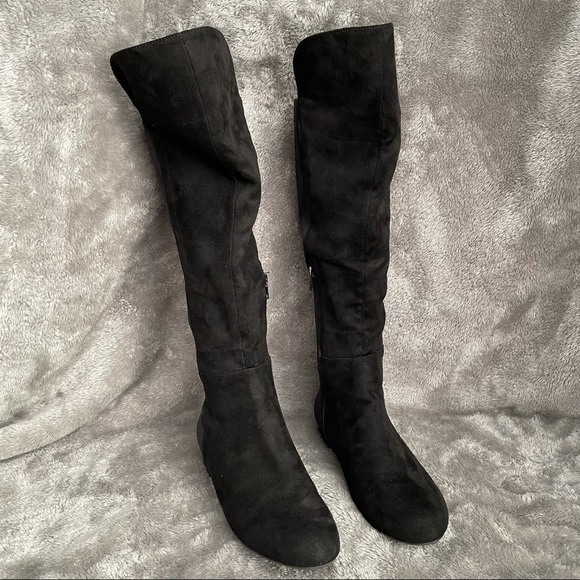 Wild Diva Black Faux Suede Over The Knee Boots Size 7 Flat Slouchy Zip Up OTK - Picture 1 of 13